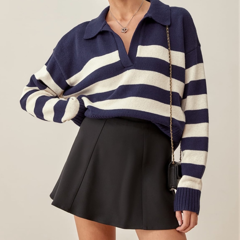 BNWT Reformation Francesco Cotton Polo Sweater in Navy / Gossamer Stripe - XS